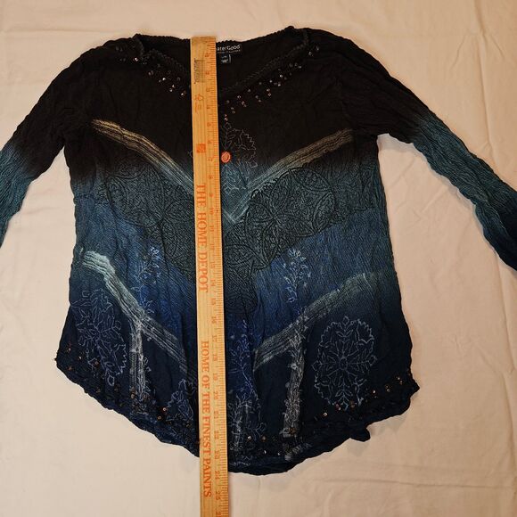 Greater Good Blue and Brown Embellished Long Sleeve Blouse Size Large - Picture 3 of 5